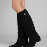 Damen kniehohe Stiefel mit weiter Öffnung und Blockabsatz
