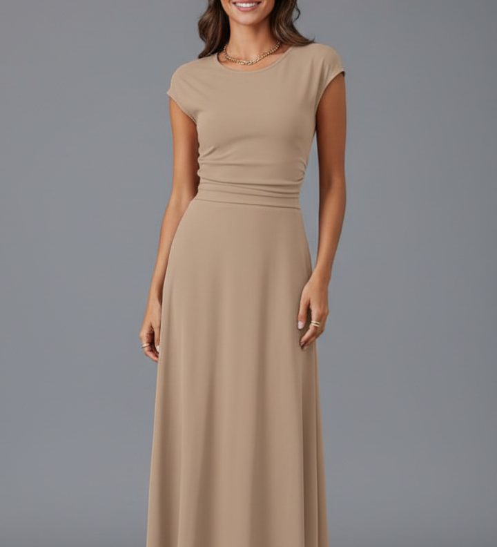Damen Midi-Kleid mit hoher Taille und kurzen Ärmeln