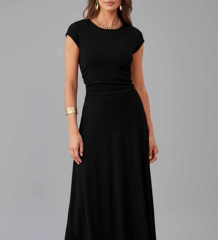 Damen Midi-Kleid mit hoher Taille und kurzen Ärmeln
