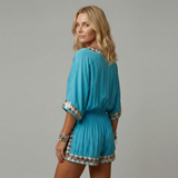 Damen Boho Besticktes V-Ausschnitt Top und Shorts Set