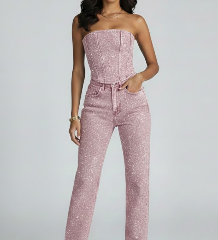 Damen Strapless Top mit Hochtaillierten Hosen Set