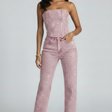 Damen Strapless Top mit Hochtaillierten Hosen Set