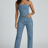 Damen Strapless Top mit Hochtaillierten Hosen Set