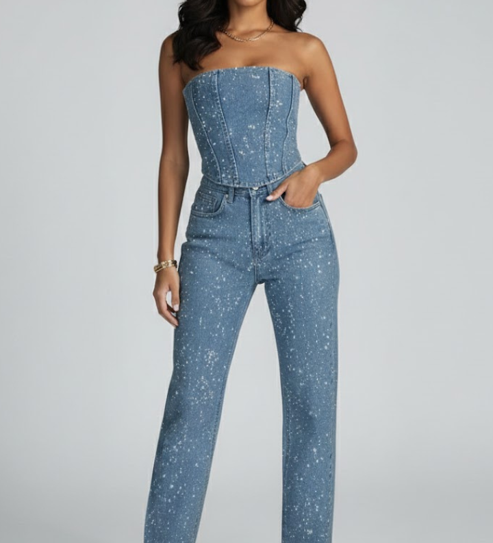 Damen Strapless Top mit Hochtaillierten Hosen Set