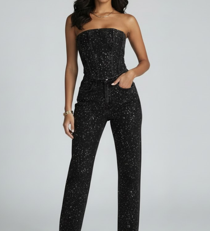 Damen Strapless Top mit Hochtaillierten Hosen Set