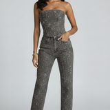 Damen Strapless Top mit Hochtaillierten Hosen Set