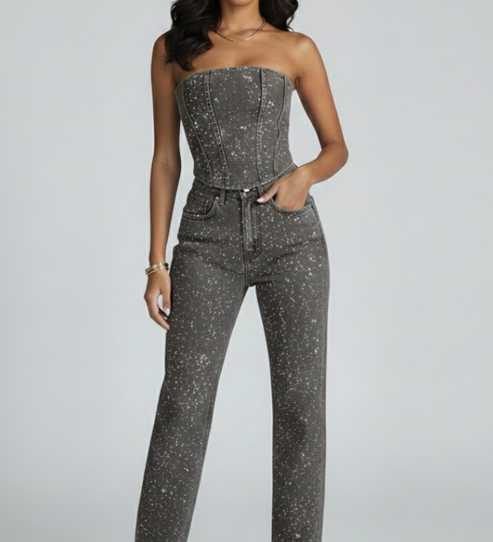 Damen Strapless Top mit Hochtaillierten Hosen Set