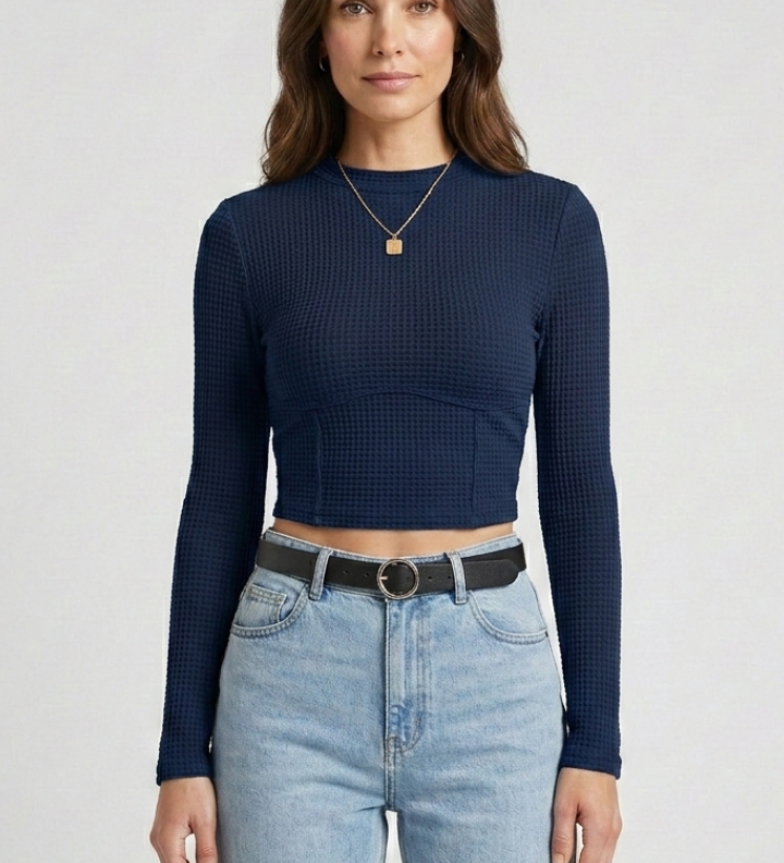 Damen Langarm Cropped Top aus strukturiertem Jersey von Heidi-Mode